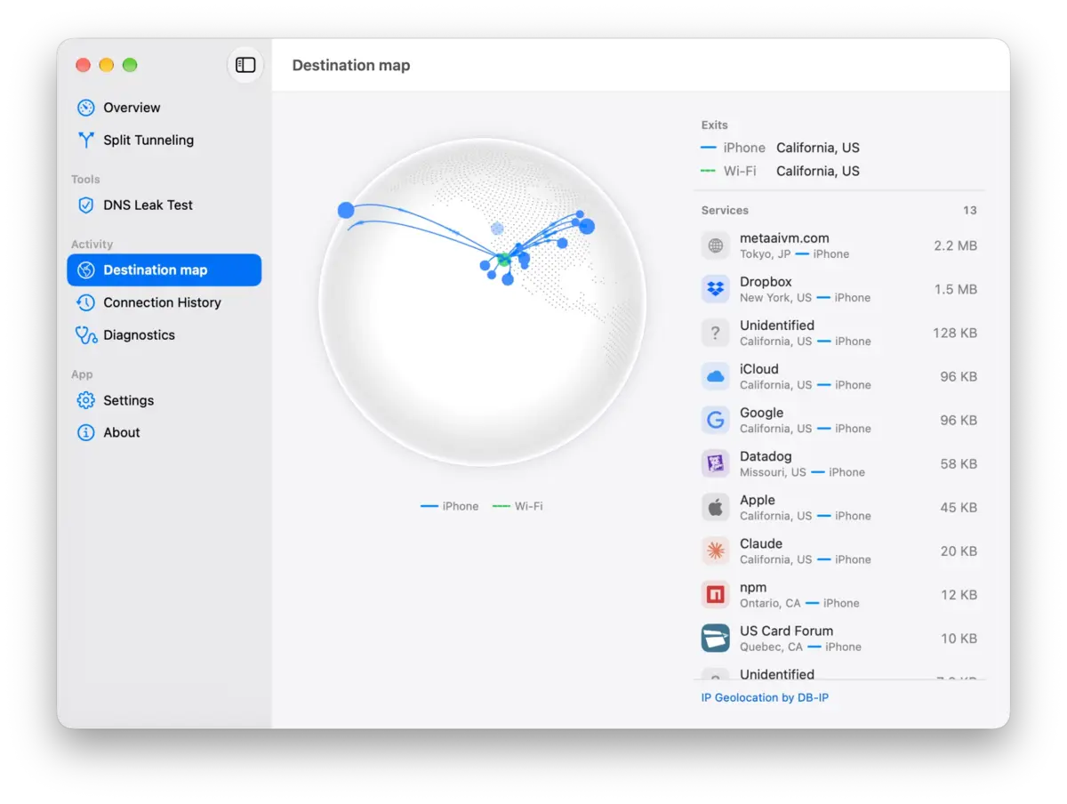 CellGlide for Mac, Destination map: a 3D globe with arcs from the phone’s exit to each service, and a list of services with their region and traffic