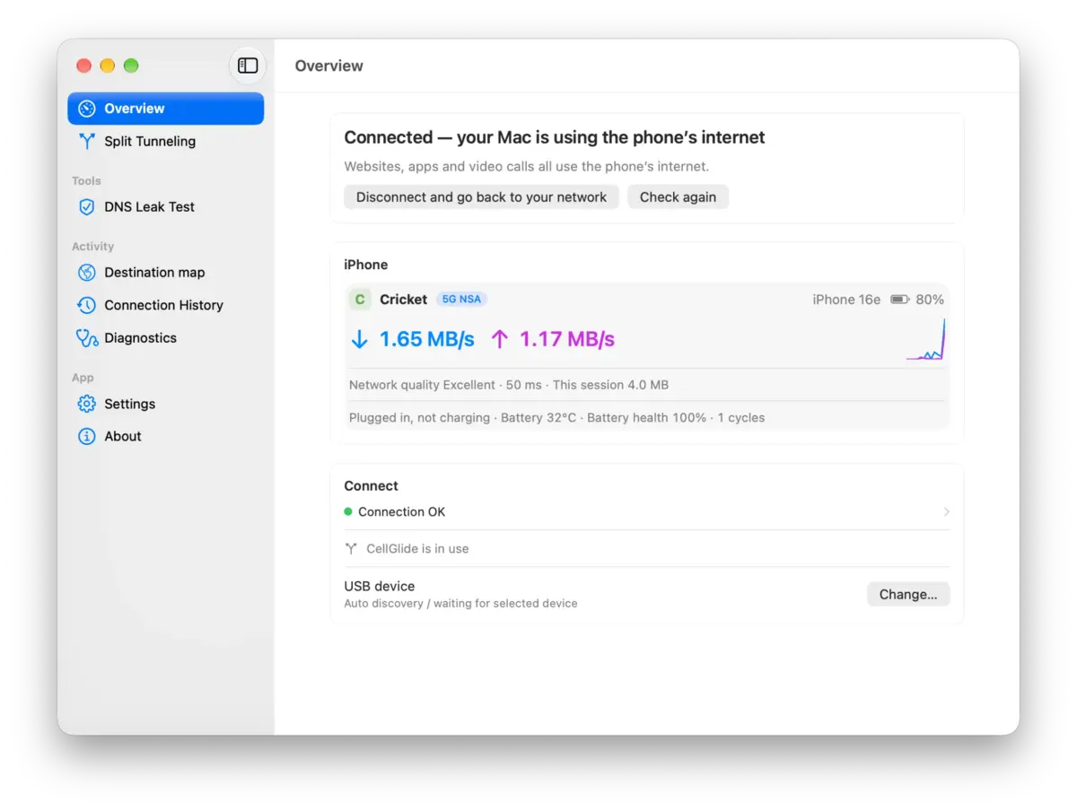 CellGlide for Mac, Overview: connected, the Mac is using the phone’s internet, with the carrier, speed, network quality and the phone’s battery